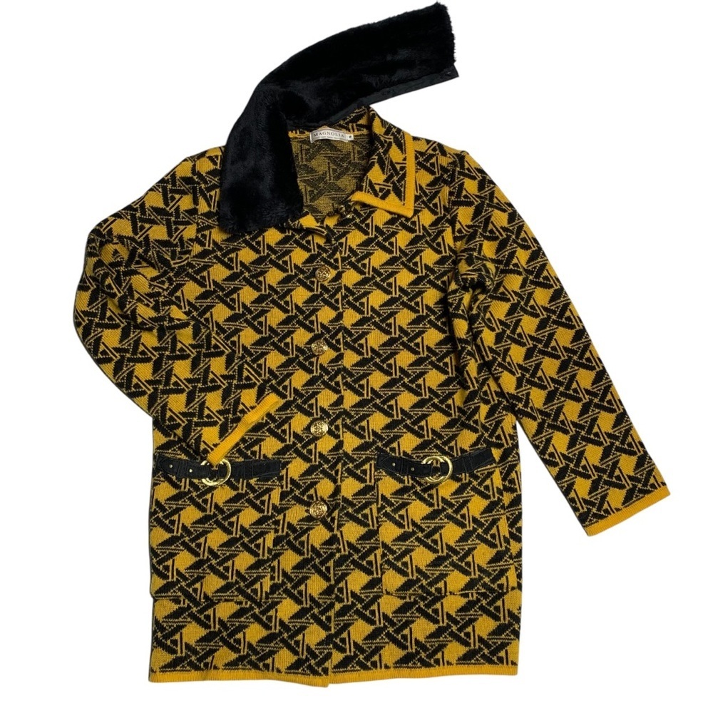 Vintage Magnolia M Wool‎ Mohair Oversized Geometric Sweater Jacket Black Yellow